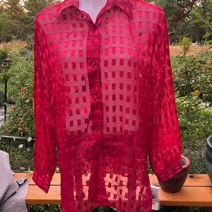Early 90’s window pane blouse Sheer Red Button-Up long top XL with tags